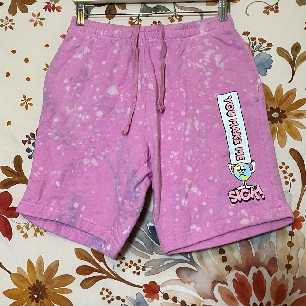 A-Lab “You Make Me Sick” S Earth Graphic Bleach Dye Upcycle Sweat Shorts Lounge
